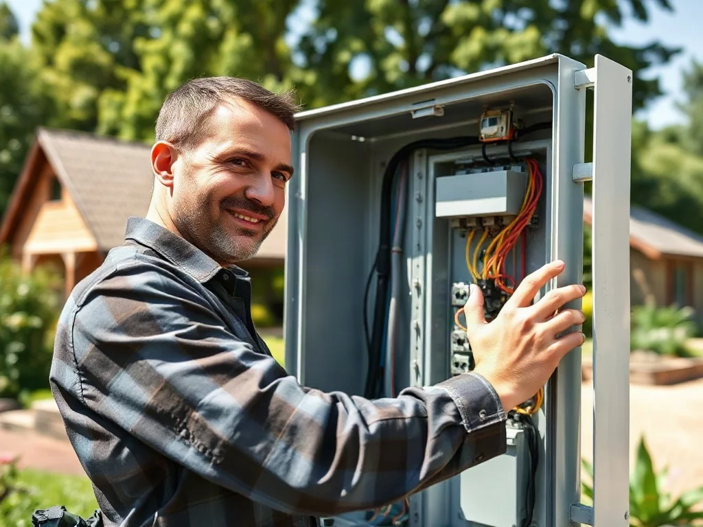 Elektryk montujący okablowanie w nowoczesnej skrzynce elektrycznej na działce w słoneczny dzień.