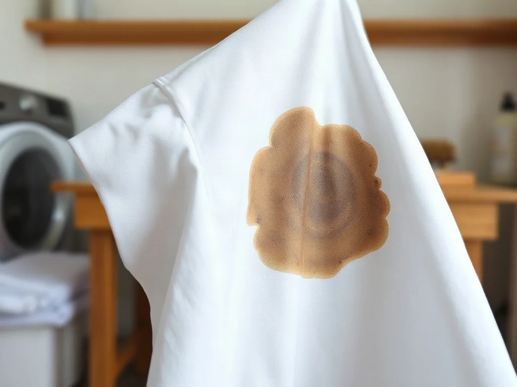 Zbliżenie na białą tkaninę z wyraźną plamą ze smaru, obok której znajdują się akcesoria do prania i detergent.
