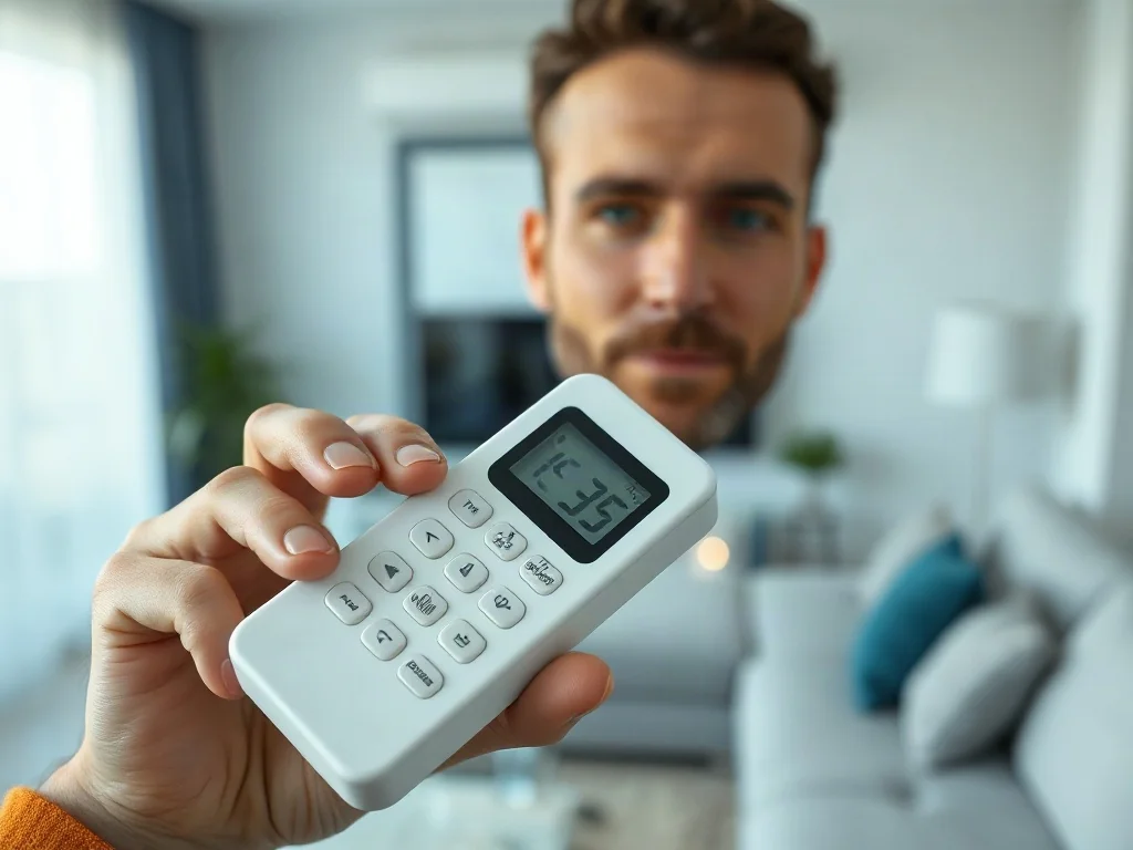 Mężczyzna trzymający nowoczesny pilot do klimatyzatora LG na tle minimalistycznego salonu.